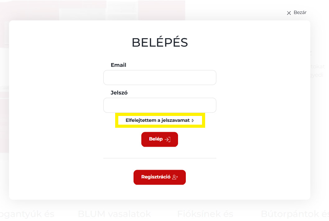 Elfelejtett jelszó opció kiválasztása